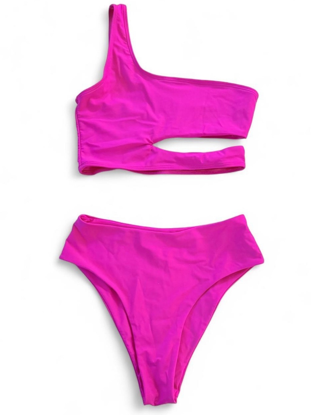 NWOT Zaful One-Shoulder Cutout High-waisted Bikini Set in Neon Hot Pink Size S